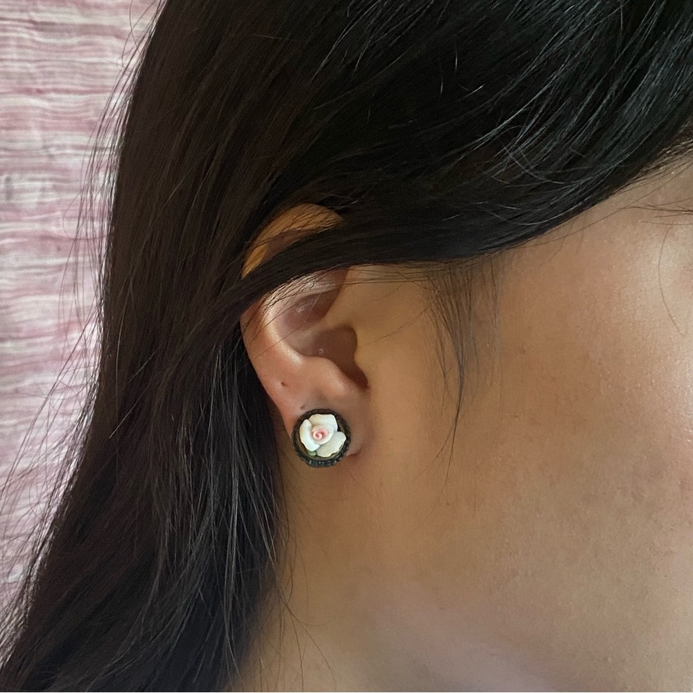 Ceramic White Pink Green Rose Flower Earrings